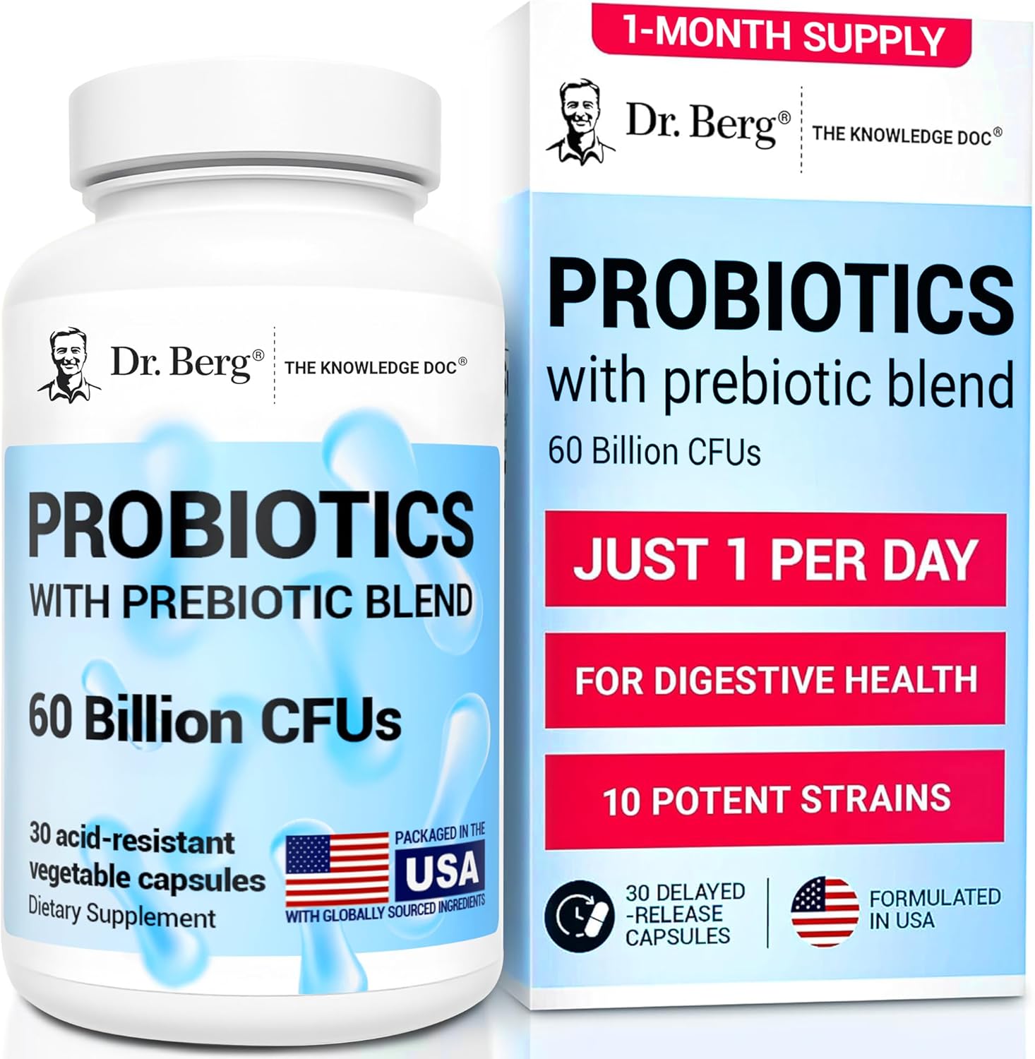 Dr. Berg Probiotic Supplement (60 Billion CFUs) - Helps Ease Occasional Constipation, Diarrhea, Gas & Bloating* - Pre and Probiotics for Digestive Health - 30 Probiotic Capsules