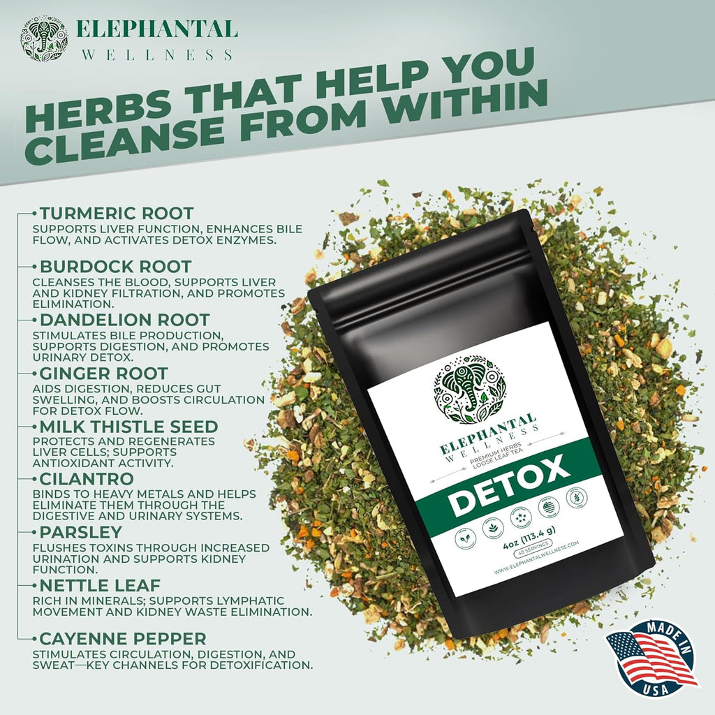 Elephantal Wellness Premium Detox Herbal Tea | Daily Liver, Kidney, Blood & Digestive Support with Turmeric, Milk Thistle, Dandelion & Burdock | Non-GMO, Handmade, Caffeine-Free Loose Leaf Blend - 4oz, 40 Servings
