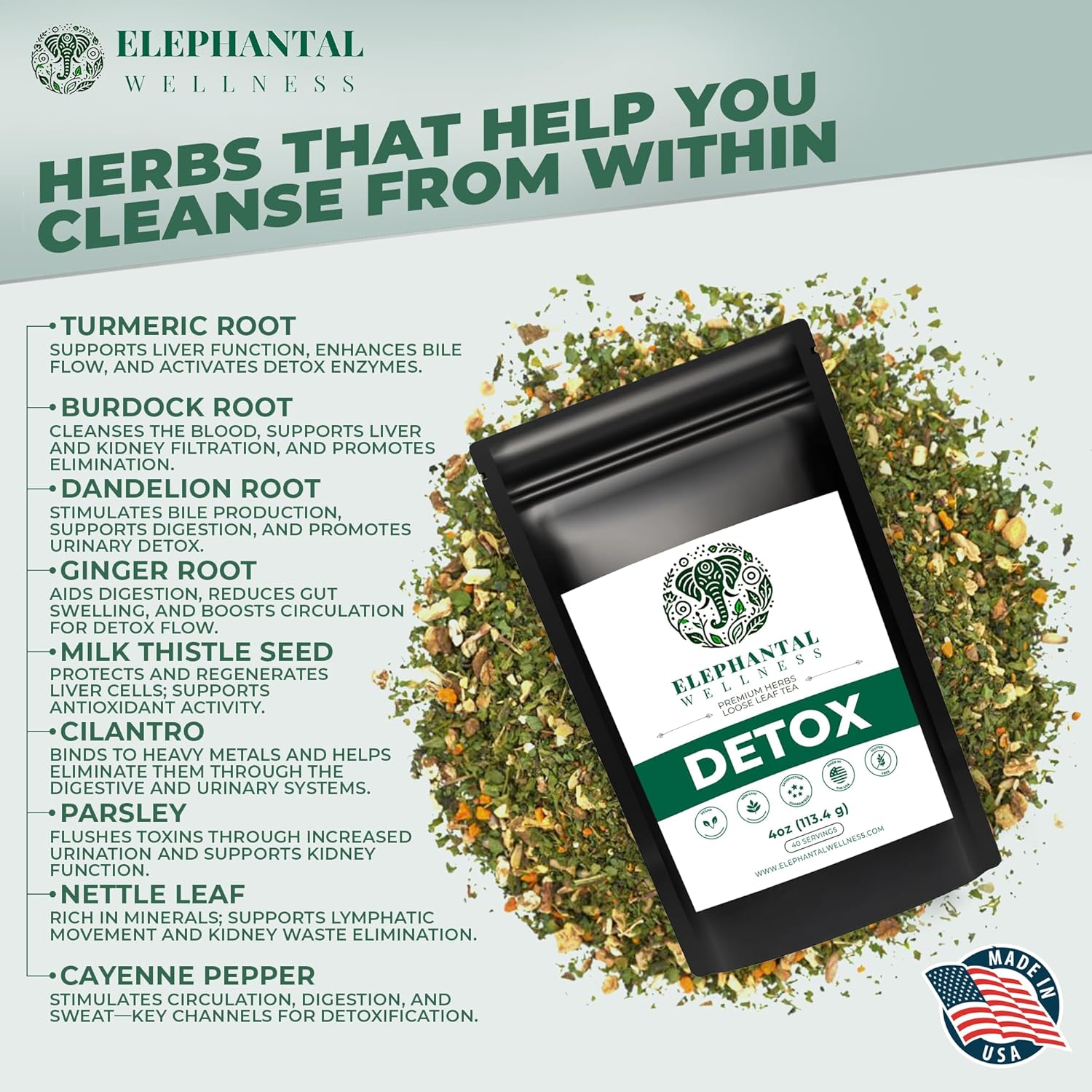 Elephantal Wellness Premium Detox Herbal Tea | Daily Liver, Kidney, Blood & Digestive Support with Turmeric, Milk Thistle, Dandelion & Burdock | Non-GMO, Handmade, Caffeine-Free Loose Leaf Blend - 4oz, 40 Servings