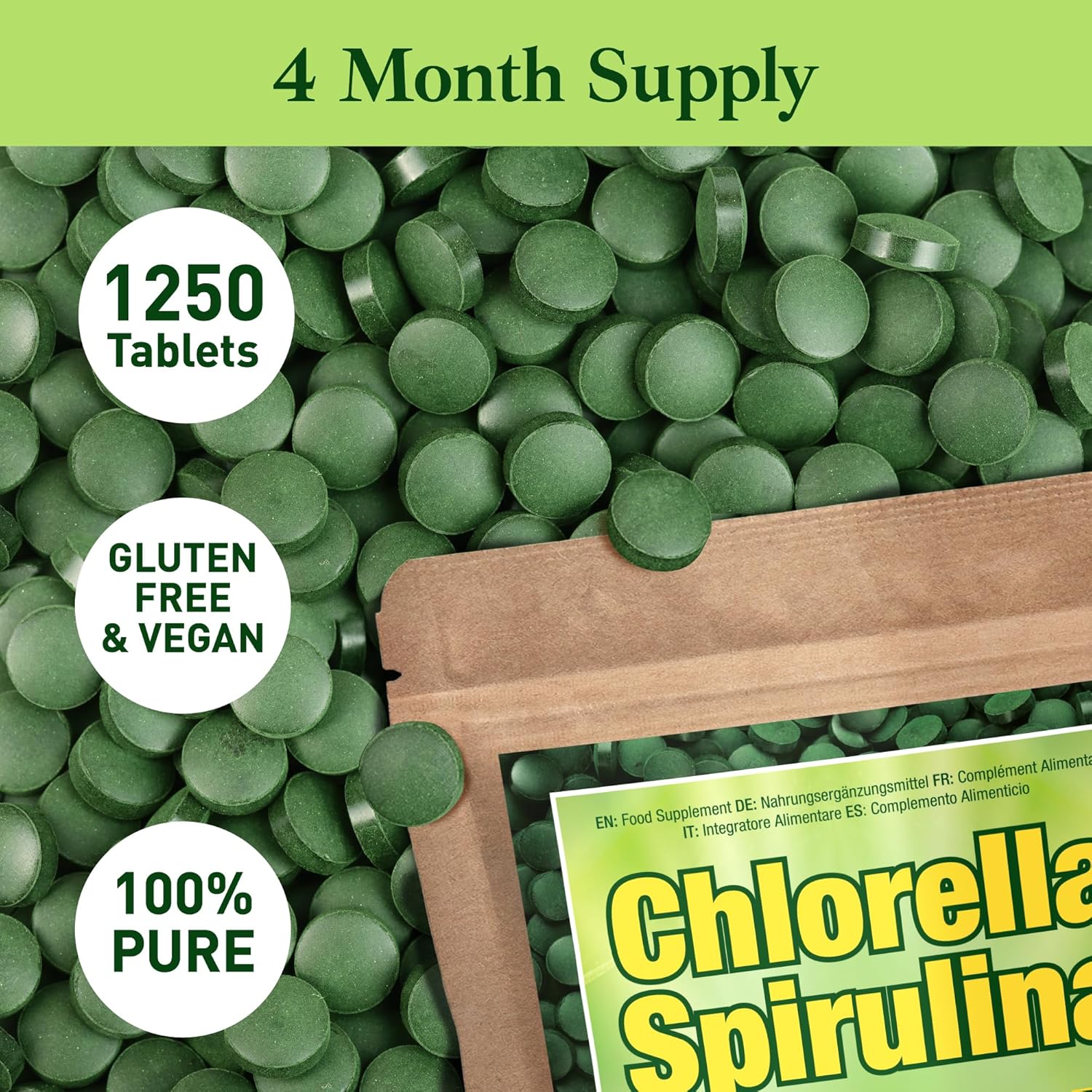 Good Natured Premium Spirulina and Chlorella Capsules 1,250 Tablets, Non-GMO, Vegan Organic Chlorella Tablets, Sunlight Grown, Cracked Cell Wall, High Protein, Heavy Metal Detox
