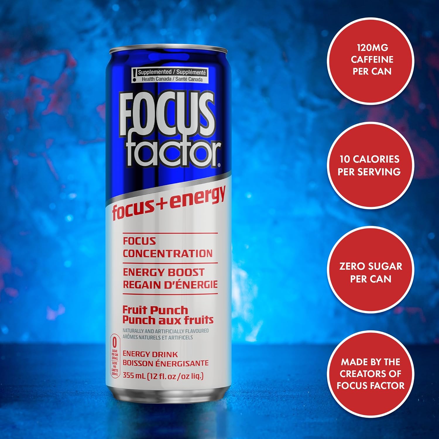 Focus Factor Energy Drink - 12 x 355ml Cans (Fruit Punch Flavour) - with Focus + Energy - Lightly Carbonated, Sugar Free, Low Calorie with Vitamin B6 & Vitamin B12