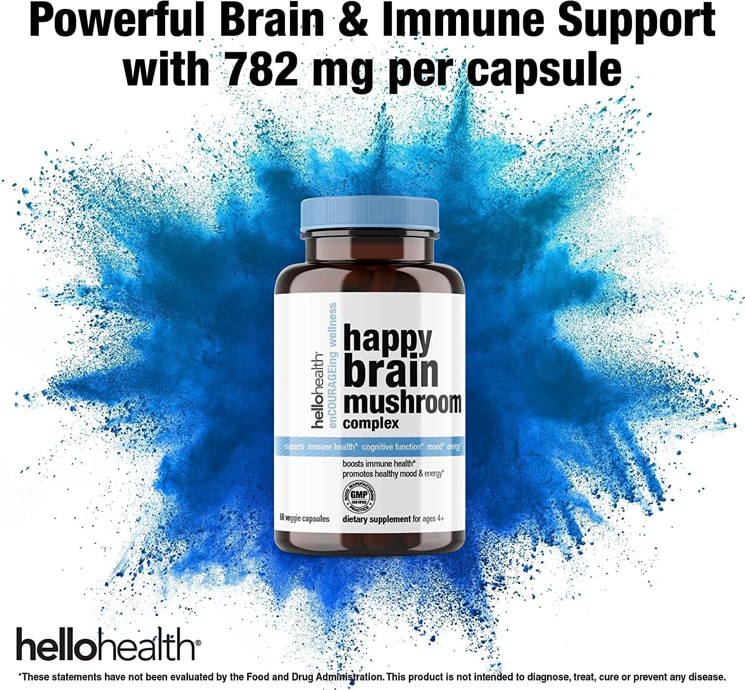 Happy Brain Mushroom Complex Nootropics Brain Support Supplement, 10 Mushroom Supplement: Lions Mane, Turkey Tail, Red Reishi, Shiitake Mushrooms for Improved Clarity, Energy, Immune Support 60ct. 4pk