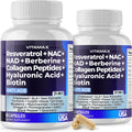 Resveratrol NAD+ Berberine Hyaluronic Acid - Biotin Grape & Blueberry + NAC - Collagen Peptides - Hair, Nail, Skin & Joint Supplement - 21-in-1 Women and Men - Made in USA - 120 Count