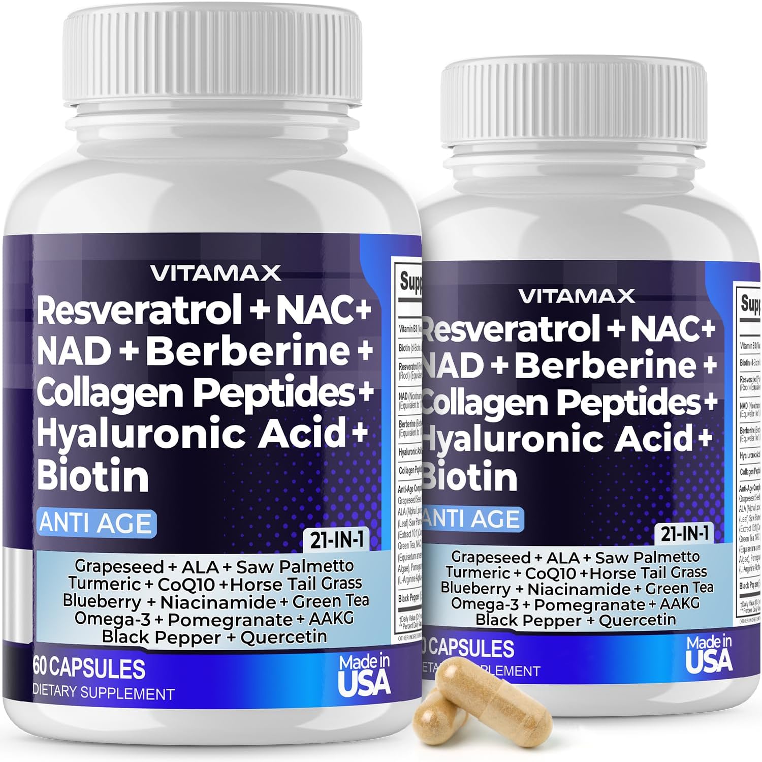Resveratrol NAD+ Berberine Hyaluronic Acid - Biotin Grape & Blueberry + NAC - Collagen Peptides - Hair, Nail, Skin & Joint Supplement - 21-in-1 Women and Men - Made in USA - 120 Count
