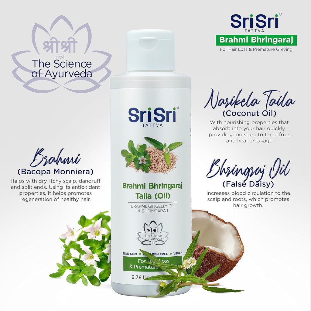 SRI SRI TATTVA Brahmi Bhringraj Hair Oil – Herbal Indian Coconut Scalp Treatment for Smooth, Healthy Hair Care – Ayurvedic Conditioning Mask with Natural Ingredients (6.76 fl oz)