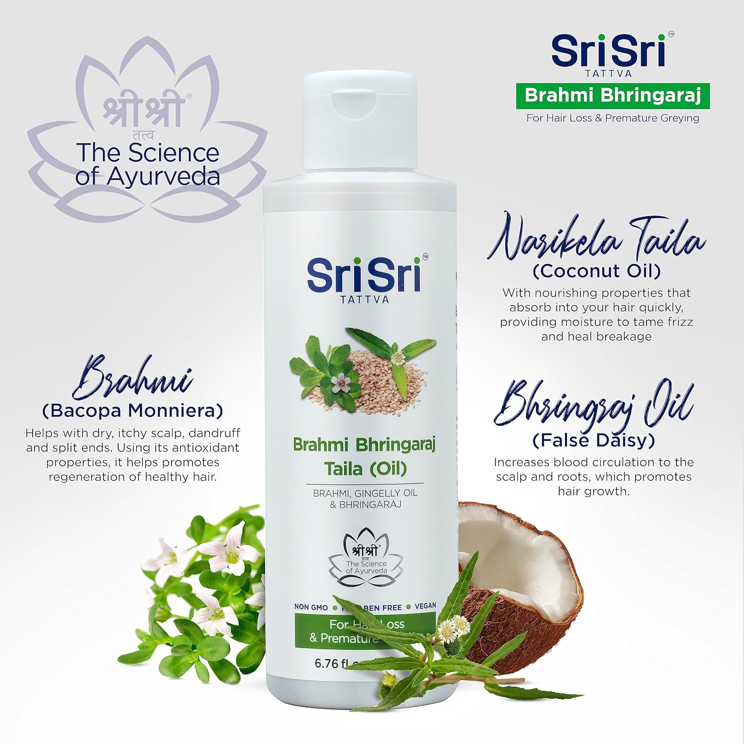 SRI SRI TATTVA Brahmi Bhringraj Hair Oil – Herbal Indian Coconut Scalp Treatment for Smooth, Healthy Hair Care – Ayurvedic Conditioning Mask with Natural Ingredients (6.76 fl oz)