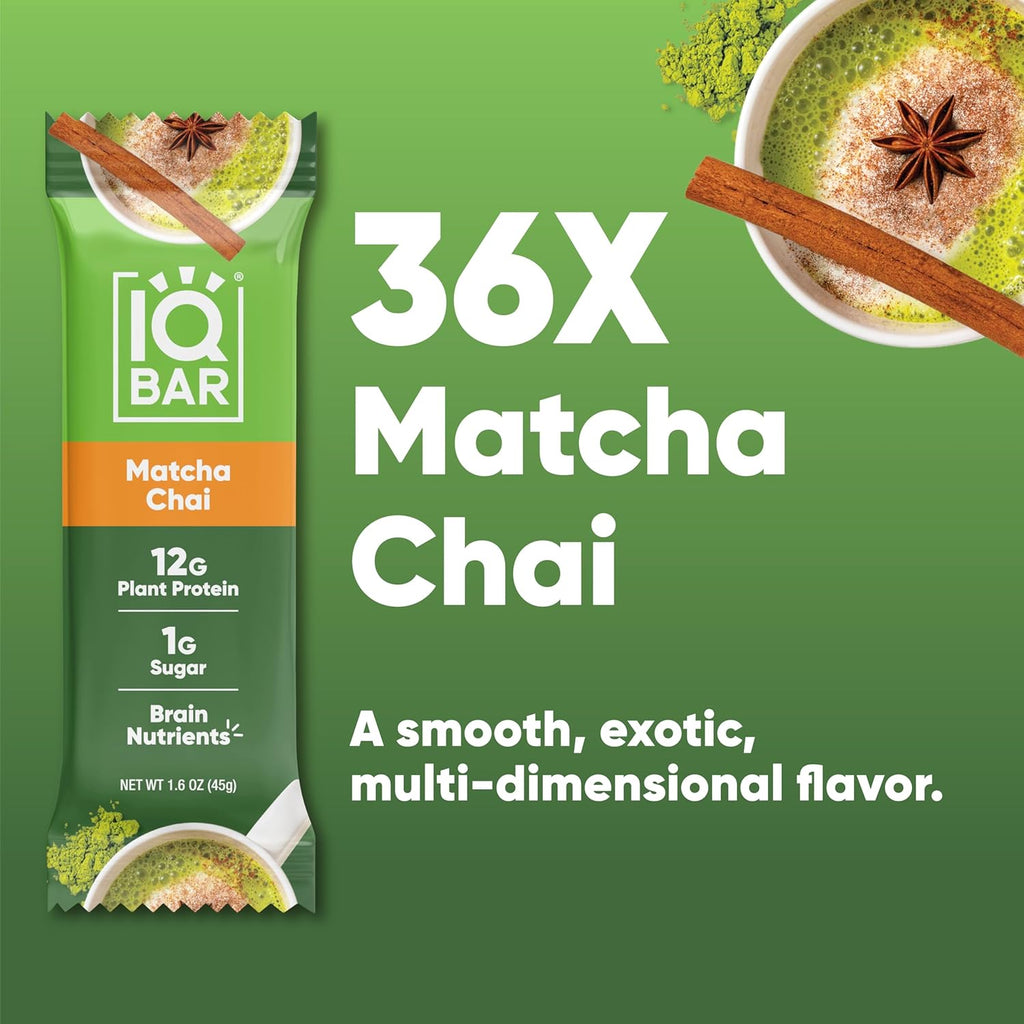 IQBAR Brain and Body Plant Protein Bars - Matcha Chai - 36-Count - Keto, Vegan, Low Carb, High Fiber, Gluten Free, Dairy Free, Low Sugar Snack with Nutrients for Focus, Energy, Meal Replacement