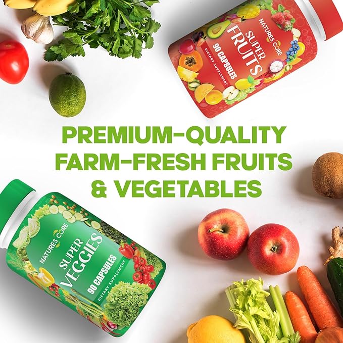 Nature's Core Fruit and Veggie Supplement - 360 Capsules -100% Whole Super Fruit and Super Vegetable Supplements & Vitamin, Made in USA, Soy Free, Vegan- 90 Count (Pack of 4)