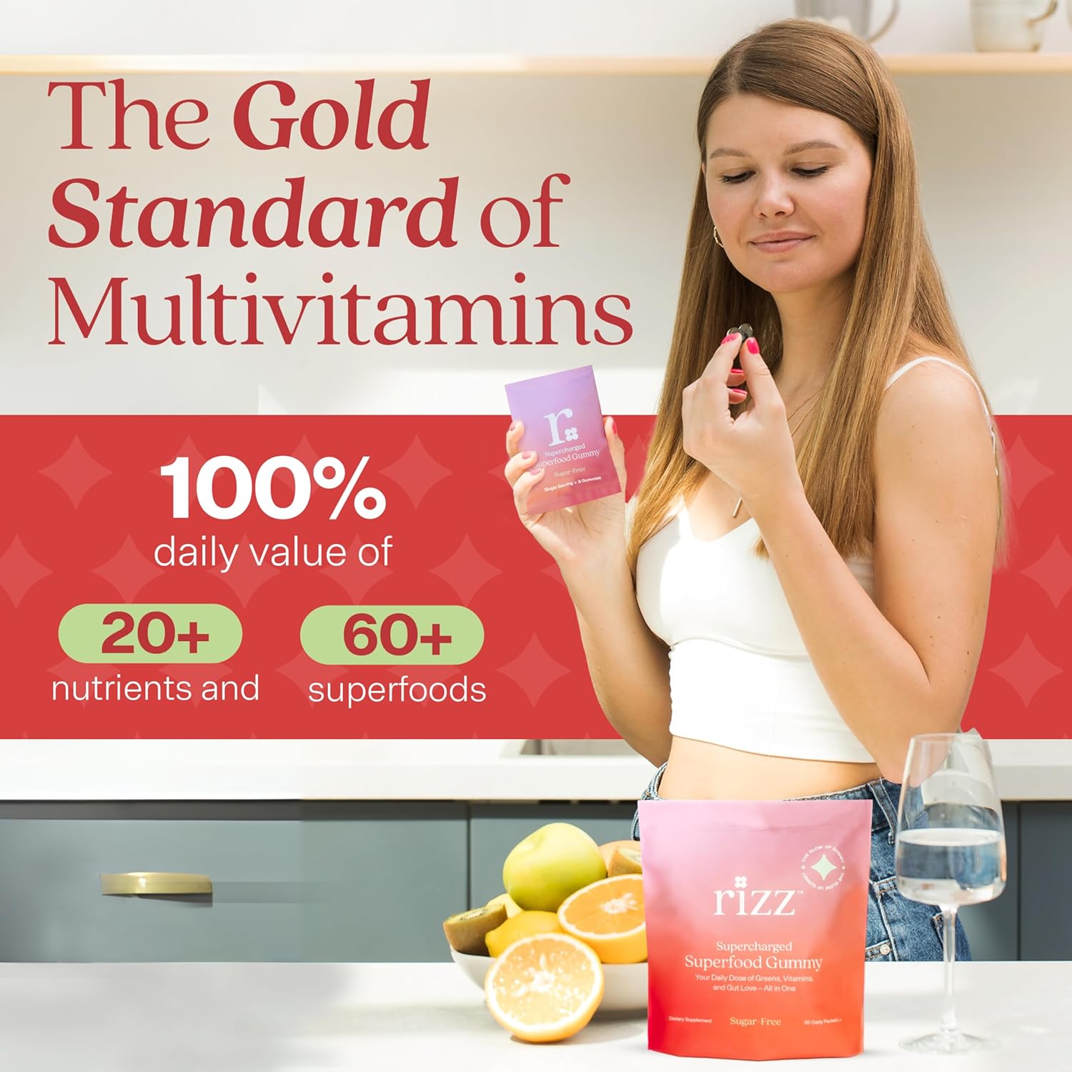 Rizz Sugar-Free Green Gummies - 60+ Superfoods 6g Fiber - Prebiotic and Probiotic Gummies - Vegan Multivitamins for Women & Men - Gluten Free - Mushroom, Fruit and Vegetable Supplements -30 Day Supply