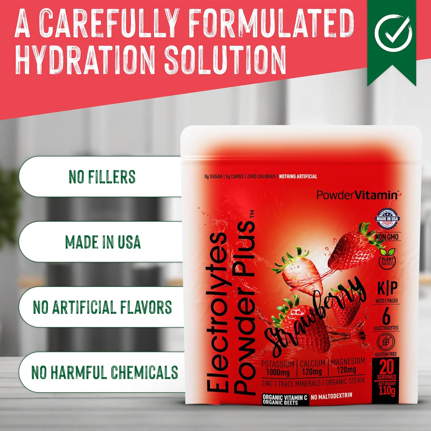 PowderVitamin Electrolytes Powder Plus (100 Servings) Strawberry Electrolyte Powder Zero Calorie Keto,0 Sugar, No Maltodextrin,1000mg Potassium,120mg Calcium,120mg Magnesium, Hydration Powder