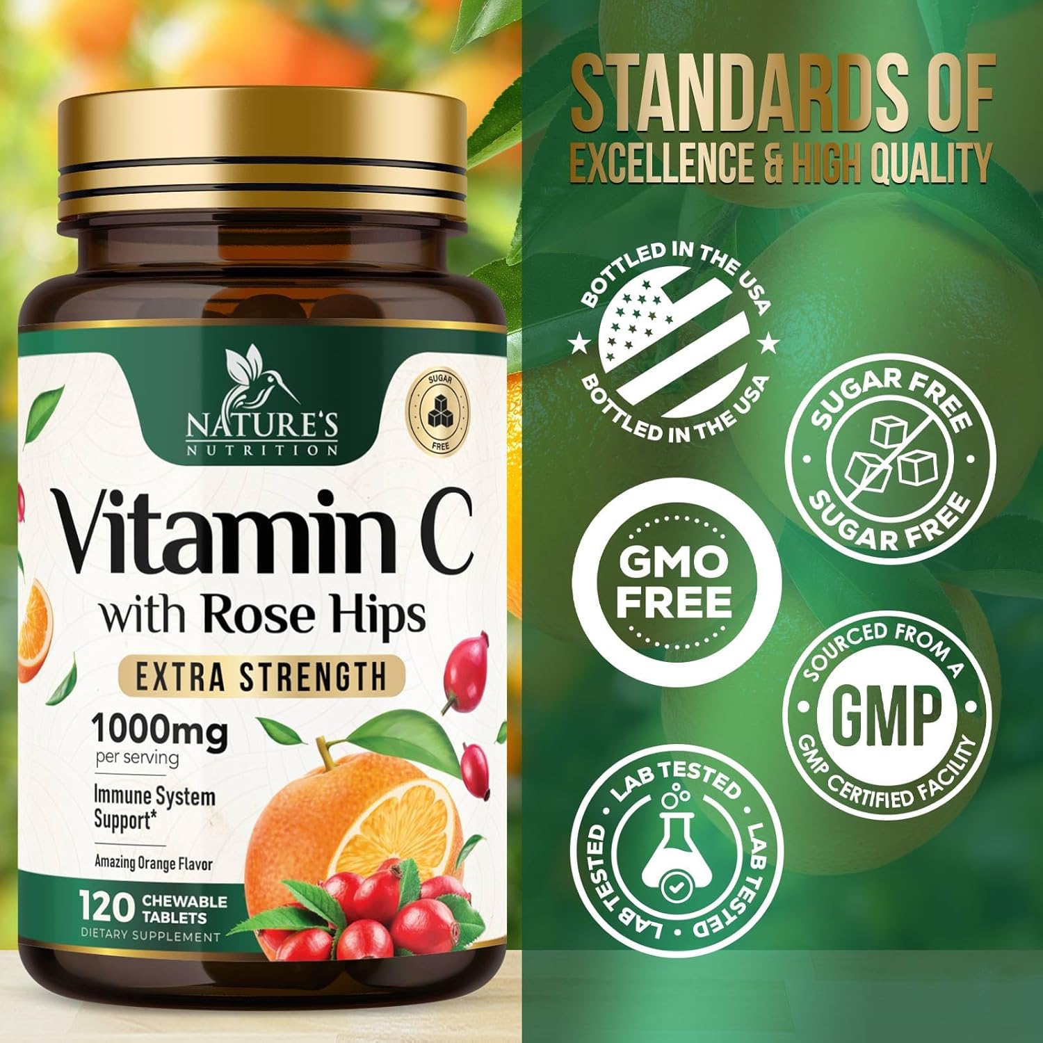 Vitamin C Chewable 1000mg - Extra Strength Antioxidants for Powerful Immune Support w/Vitamin C & Rose HIPS - Potent Dietary VIT C Chews Supplement, Natural, Vegan, Gluten-Free, Non-GMO - 120 Tablets