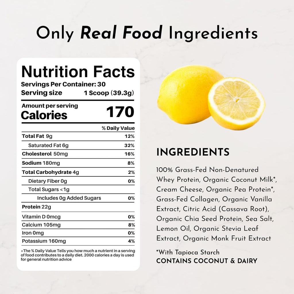 JUST INGREDIENTS Lemon Swish Protein Powder - Grass-Fed Whey, Lemon Flavor - 1.44 lb,