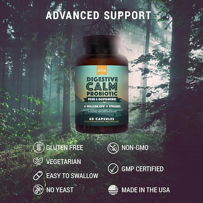 Natural Rhythm Digestive Calm Probiotic + L-Glutamine – 25 Billion CFU, 13 Strains, Digestive & Immune Support Supplement, Vegetarian Capsules (60 Count)