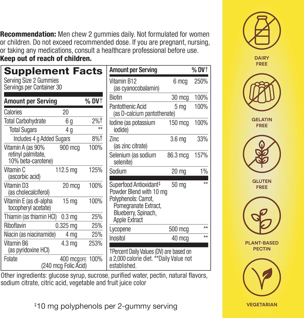 Nature's Way Alive! Men's Multivitamin Gummies, Supports Energy Metabolism*, Muscle Function*, Superfood Antioxidants(1), B-Vitamins, Vegetarian, Fruit Flavored, 60 Gummies (Packaging May Vary)