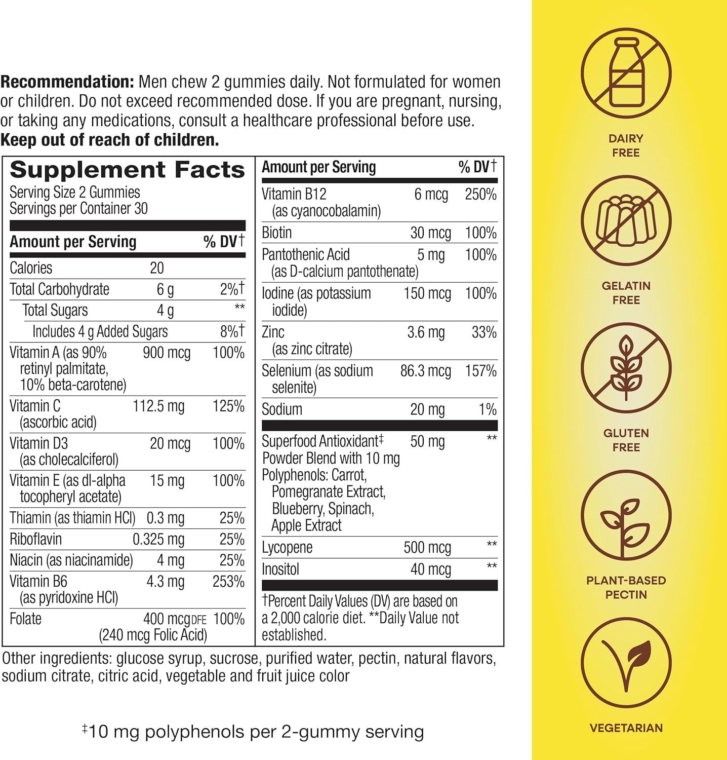 Nature's Way Alive! Men's Multivitamin Gummies, Supports Energy Metabolism*, Muscle Function*, Superfood Antioxidants(1), B-Vitamins, Vegetarian, Fruit Flavored, 60 Gummies (Packaging May Vary)