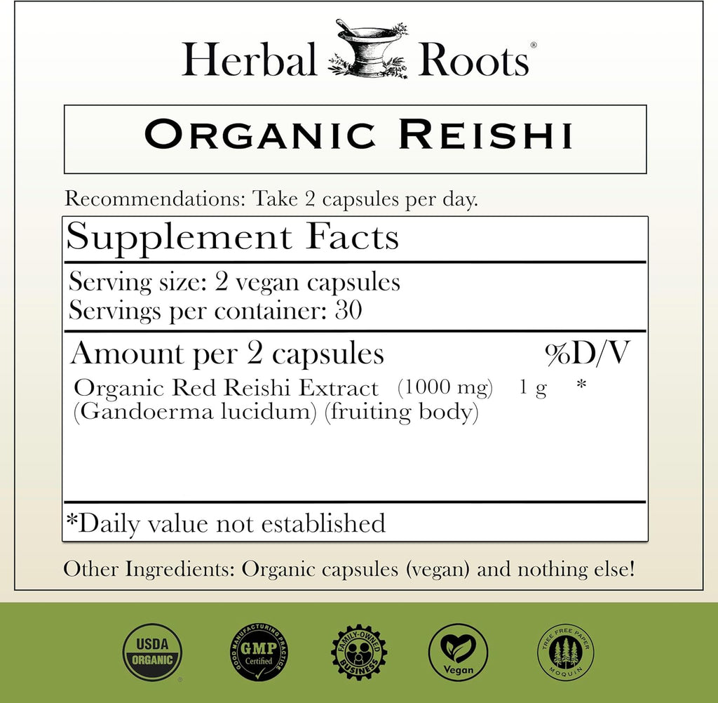 Herbal Roots Organic Reishi Capsules - Made with Fruiting Bodies - Support Energy, Vitality, Immune & Heart Health - 60 Vegan Capsules