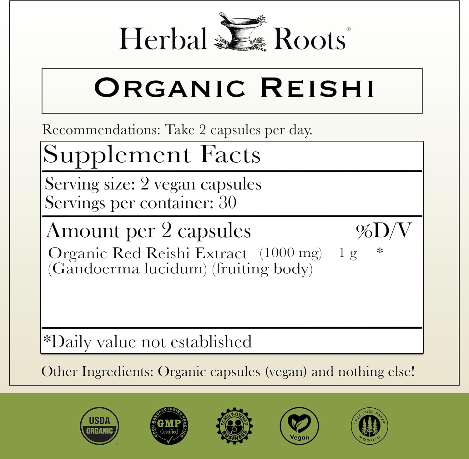 Herbal Roots Organic Reishi Capsules - Made with Fruiting Bodies - Support Energy, Vitality, Immune & Heart Health - 60 Vegan Capsules
