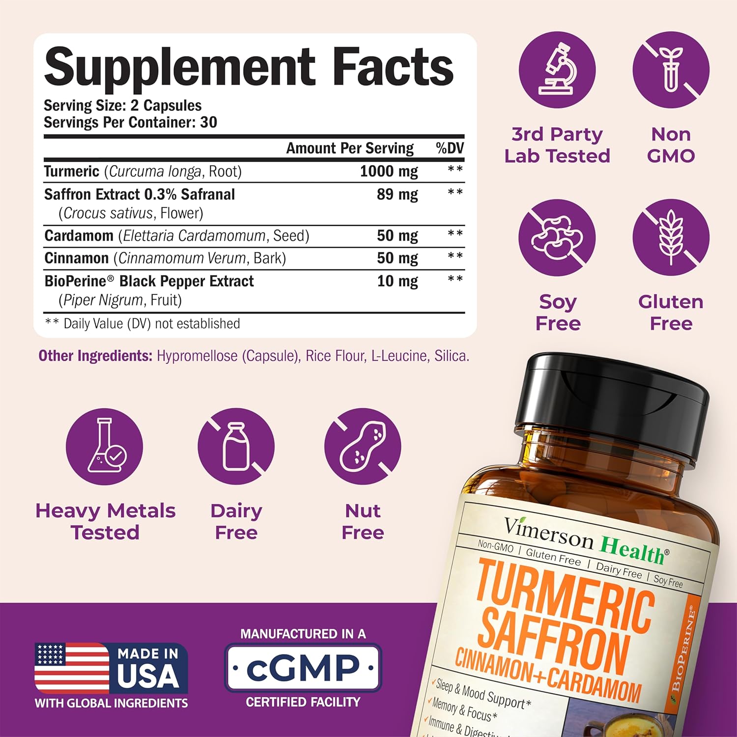 Saffron Supplements - 89mg Saffron Extract Turmeric Supplement with Black Pepper, Ceylon Cinnamon and Cardamom for Mood & Memory, Eye Health - Joint Supplements for Women & Men - 60 Tumeric Capsules