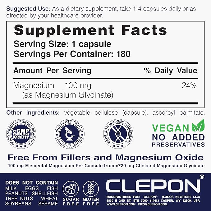 Magnesium Glycinate (100mg Elemental per Capsule) - 180 Capsules - High Absorption, Fully Chelated - Sleep Support, Relaxation, Muscle Cramps & Heart Health - 3rd Party Tested, Non-GMO, Vegan