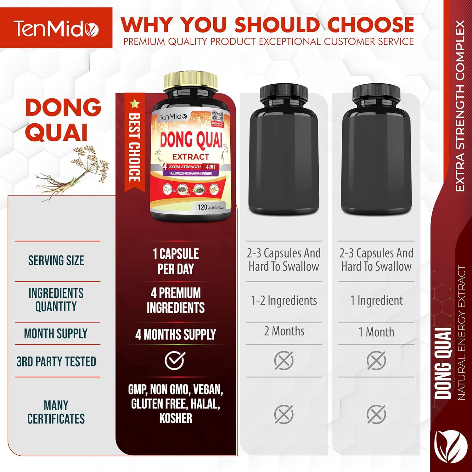 Dong Quai Supplement Extract Capsules, 4 Months Supply with Black Cohosh, Chasteberry, Ashwagandha - 120 Vegan Capsules