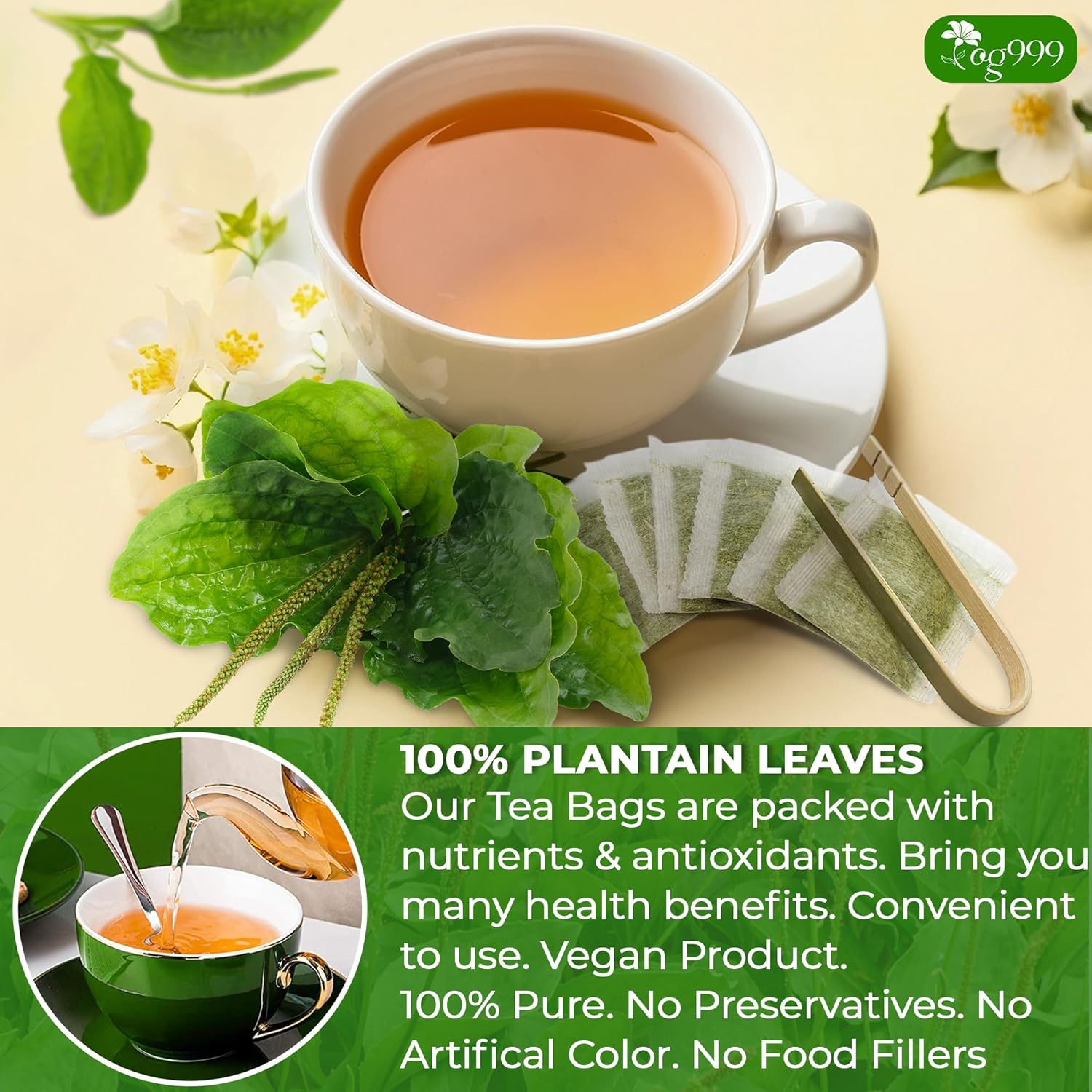 TOG999, Premium Tea Bags, 100% Natural & Pure, Loose Leaf Herbal Tea. No Sugar, No Gluten, Vegan. (60 Bags, Plantain Tea)