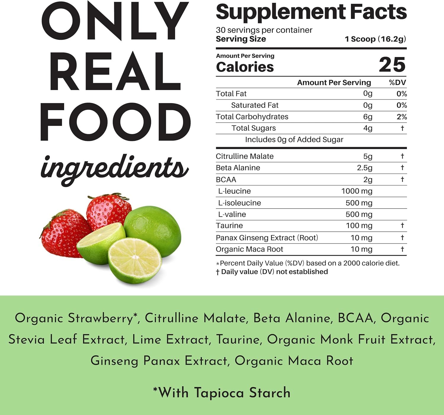 JUST INGREDIENTS Pre-Workout Strawberry Lemonade (Caffeine-Free) - BCAAs, Beta Alanine, Citrulline Malate, Ginseng, Maca Root - 30 Servings