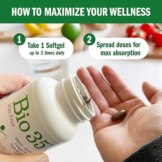 Bio-35 100ct Iron Gluten & Soy- Free Daily Multivitamin for Men & Women Wellness – High Potency Softgel with Trace Minerals, Vitamin D3, Vitamin A, Flax Seed Oil - Immune Support, Digestion, & Energy