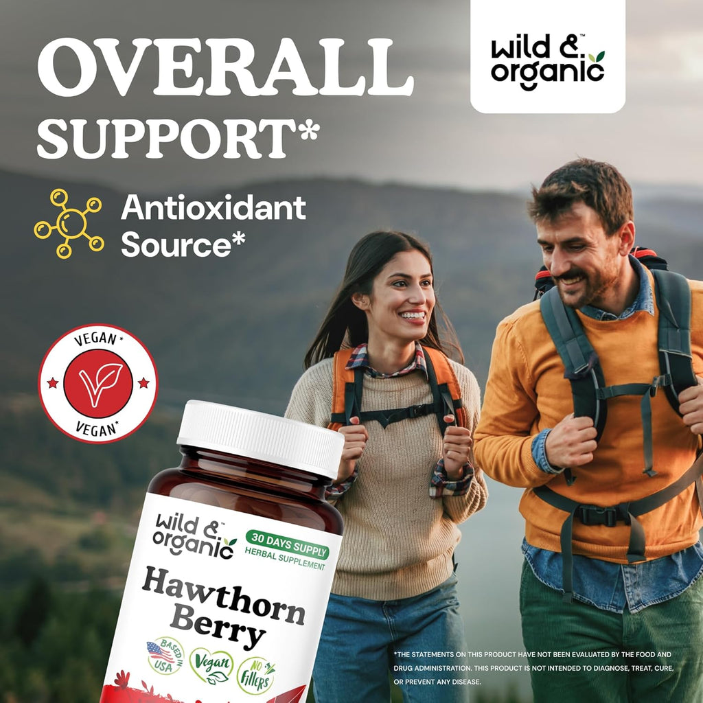 Wild & Organic Hawthorn Berry Capsules 1200 mg - Overall Support - Hawthorne Berry Supplement - Crataegus Monogyna Fruit Powder - 30 Days of Supply - Vegan, No Fillers, Non-GMO - 60 Count