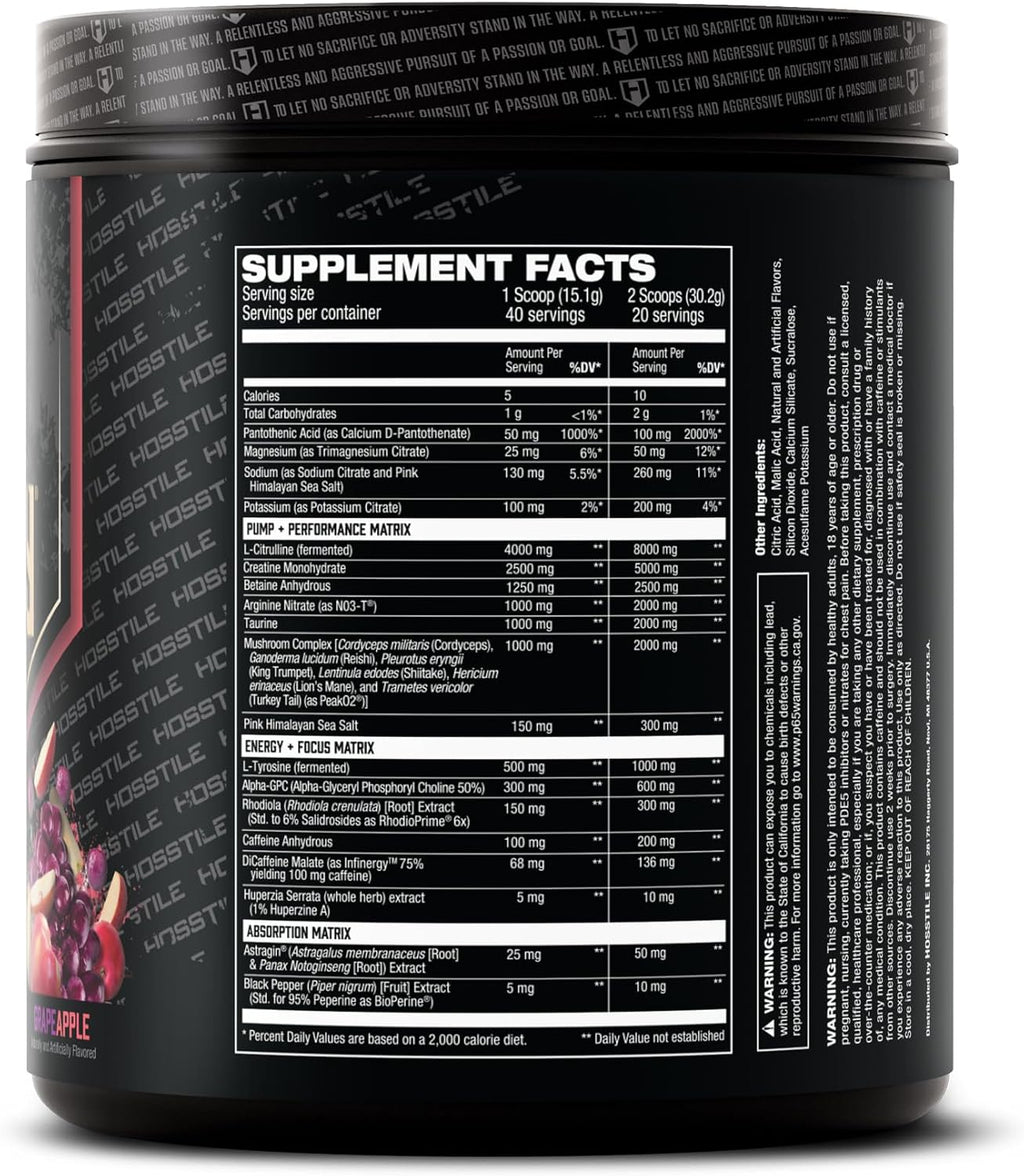 HOSSTILE Hosstility V2 Pre Workout, All-in-One Pre Workout Powder for Men and Women, Enhance Muscle Pump, Increase Energy, Boost Strength, Sharpen Focus, Grape Apple, 40 Servings