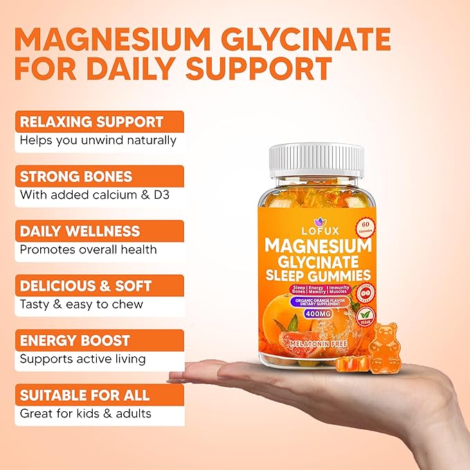 Lofux Magnesium Glycinate Gummies 400mg, Sugar Free Magnesium Gummies for Adults Women, Men, Chewable Supplement Gummy with L-Threonate, Vitamin D, B6, CoQ10 - for Calm, Sleep, Body Relaxation, 60 Ct