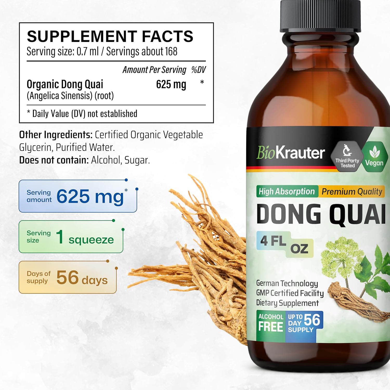 BIO KRAUTER Dong Quai Tincture - Angelica Root Liquid Extract - Women’s Health Support - Alcohol and Sugar Free Angelica Tincture - Vegan Dong Quai Drops 4 Fl.Oz.