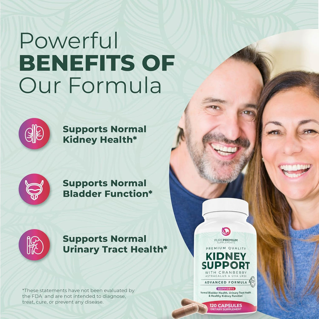 PurePremium Supplements Kidney Support Supplement for Men & Women - with Cranberry Extract for Urinary Tract, Normal Bladder Function & Supports Kidney's Health - 4 Months Supply - 120 Capsules