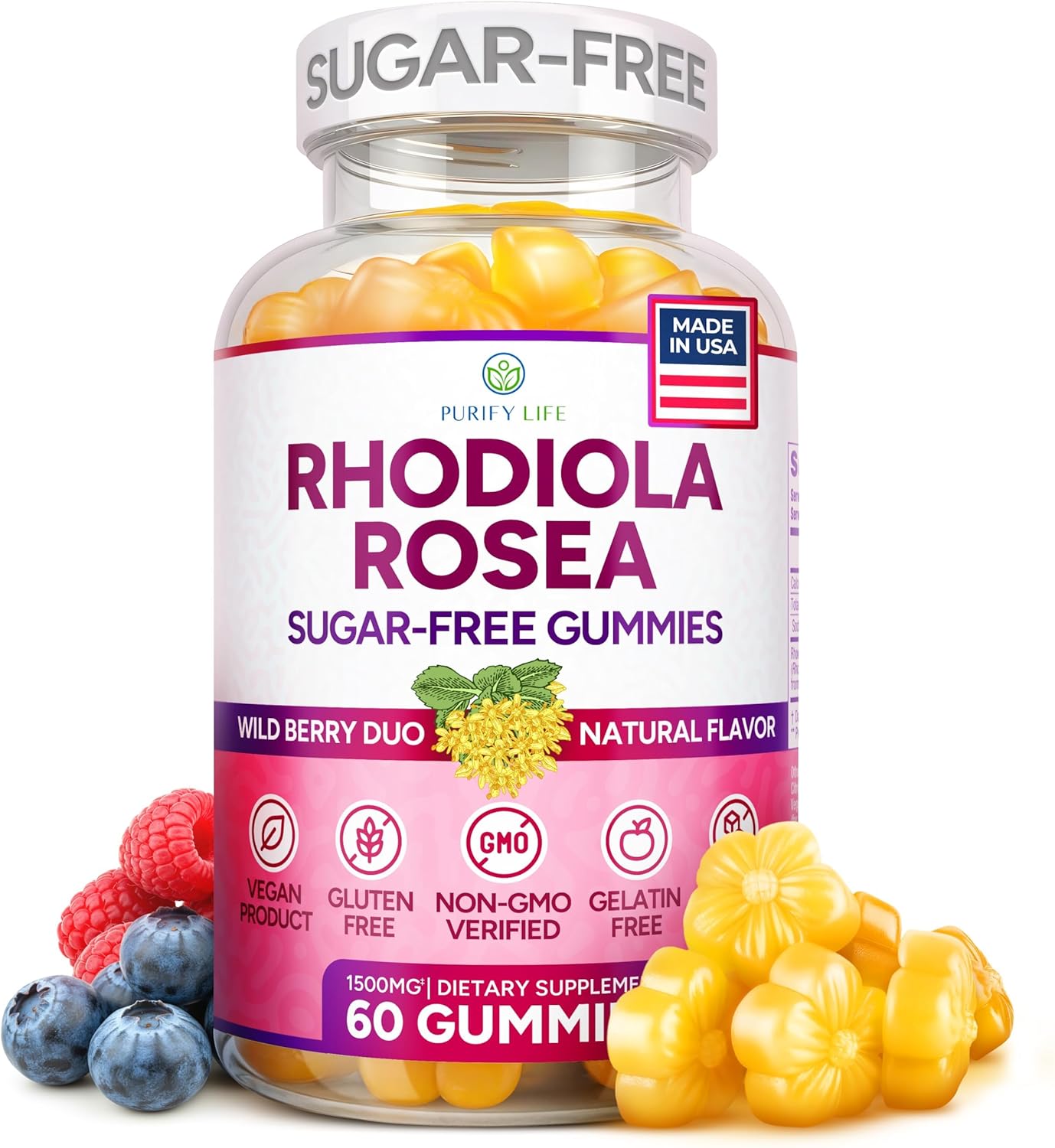 Purify Life Sugar-Free Rhodiola Rosea Gummies (1500mg/Serving) Cortisol Detox & Adrenal Support Supplement - Adaptogenic Rhodiola for Mood, Motivation, Stamina & Performance, Non-GMO, 60 Vegan Chews