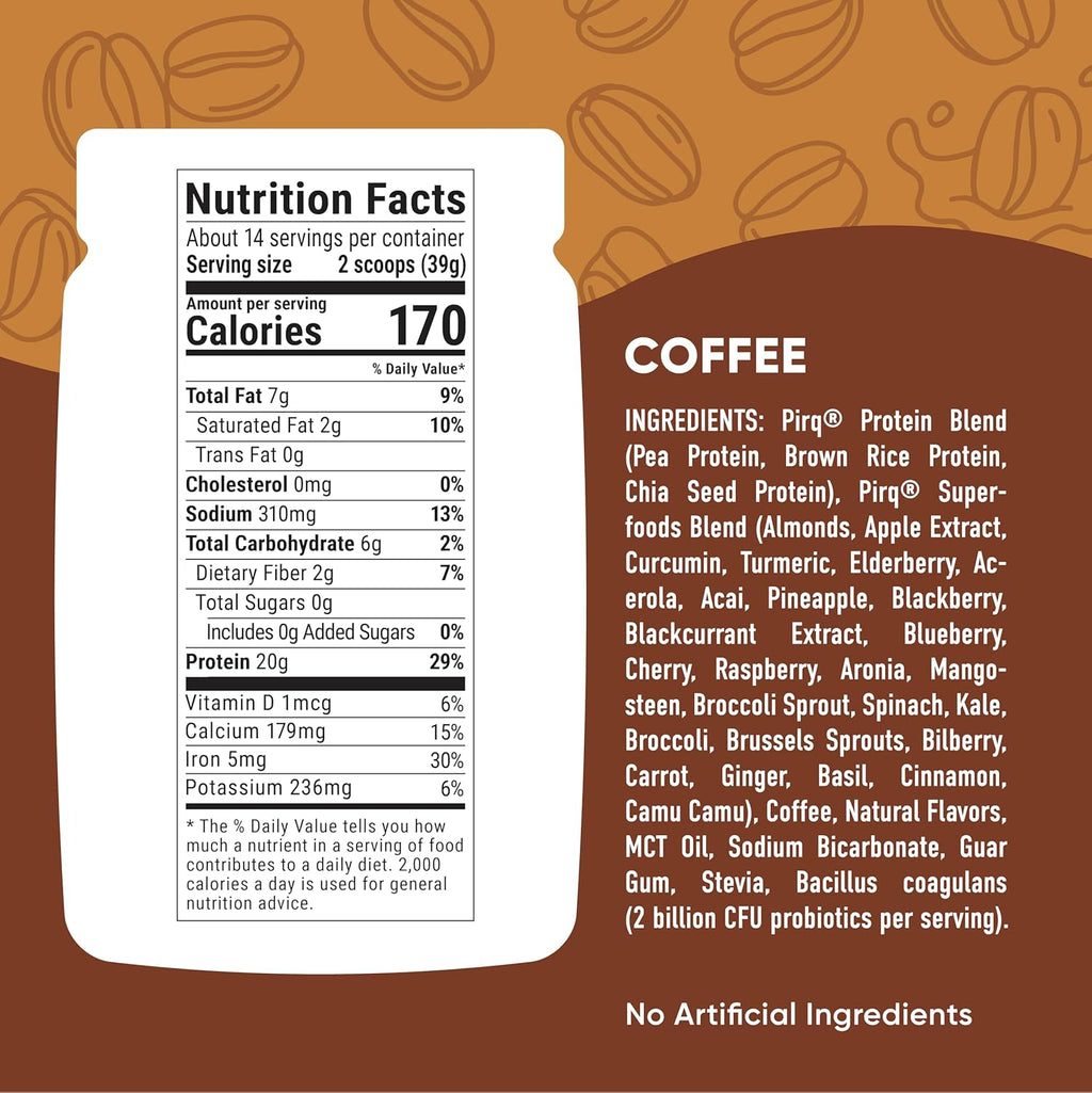 Pirq Dairy Free Protein Powder with 20g Protein, Plant Based, 2B CFU Probiotics, 25 Superfoods Greens and Fruits, Vegan, 0g Sugar (14 Servings)(Coffee)