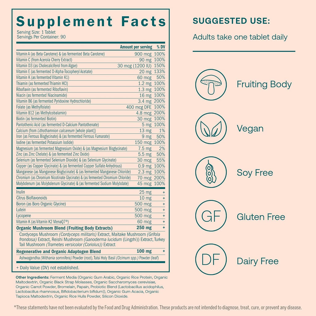 True Grace One Daily Women’s Multivitamin Fermented Minerals, Organic Adaptogens & Mushrooms Whole Body Balance, Immune, Energy, Beauty Support - Non-GMO, Gluten Free, Soy Free - 90 Vegan Tablets