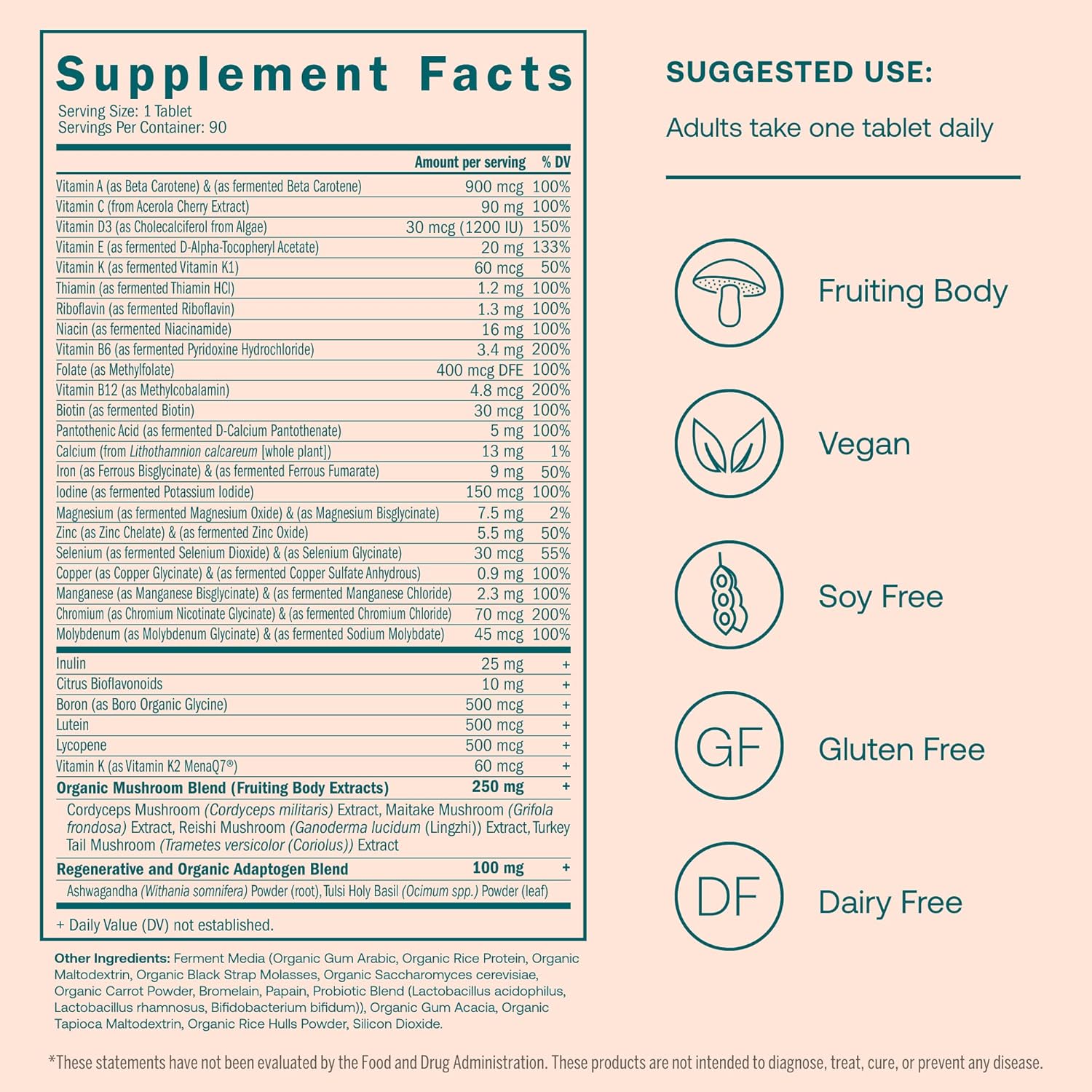 True Grace One Daily Women’s Multivitamin Fermented Minerals, Organic Adaptogens & Mushrooms Whole Body Balance, Immune, Energy, Beauty Support - Non-GMO, Gluten Free, Soy Free - 90 Vegan Tablets
