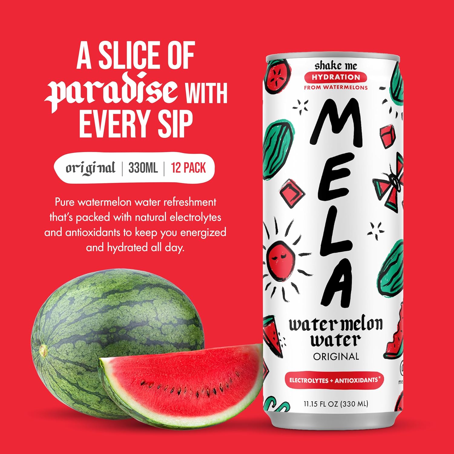 Mela Watermelon Water - Watermelon Juice, 100 Percent Natural Fruit Juice with Vitamin C, Electrolytes, Antioxidants - Coconut Water Alternative, Gluten-Free (Original, 11.15 fl oz, 12-pack)
