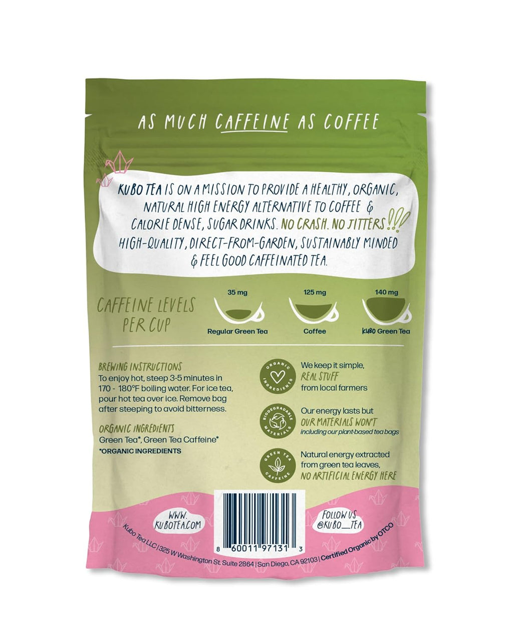 Kubo Tea Japanese Sencha Matcha Tea - Organic High Caffeine Energy Blend w/ Matcha Powder - 20 Pillow Tea Bags (140mg Caffeine each) - Coffee Substitute for Hot & Iced Drinks, Biodegradable & Compostable Packaging