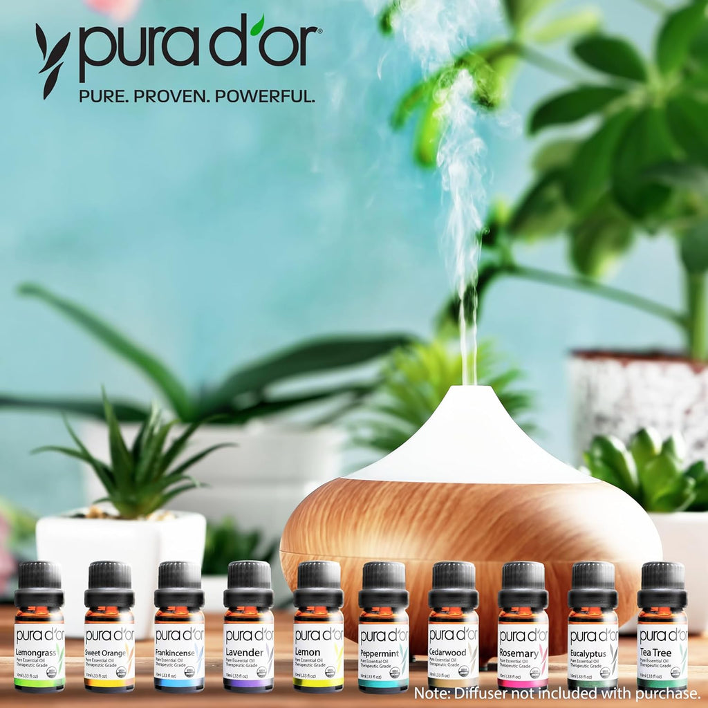 PURA D'OR Organic Perfect10 Essential Oils Set - 10x 10mL Wood Box Aromatherapy Gift Set - 100% Pure Therapeutic Grade for Relaxation and Wellness (Lavender, Peppermint, Eucalyptus, Tea Tree & More)