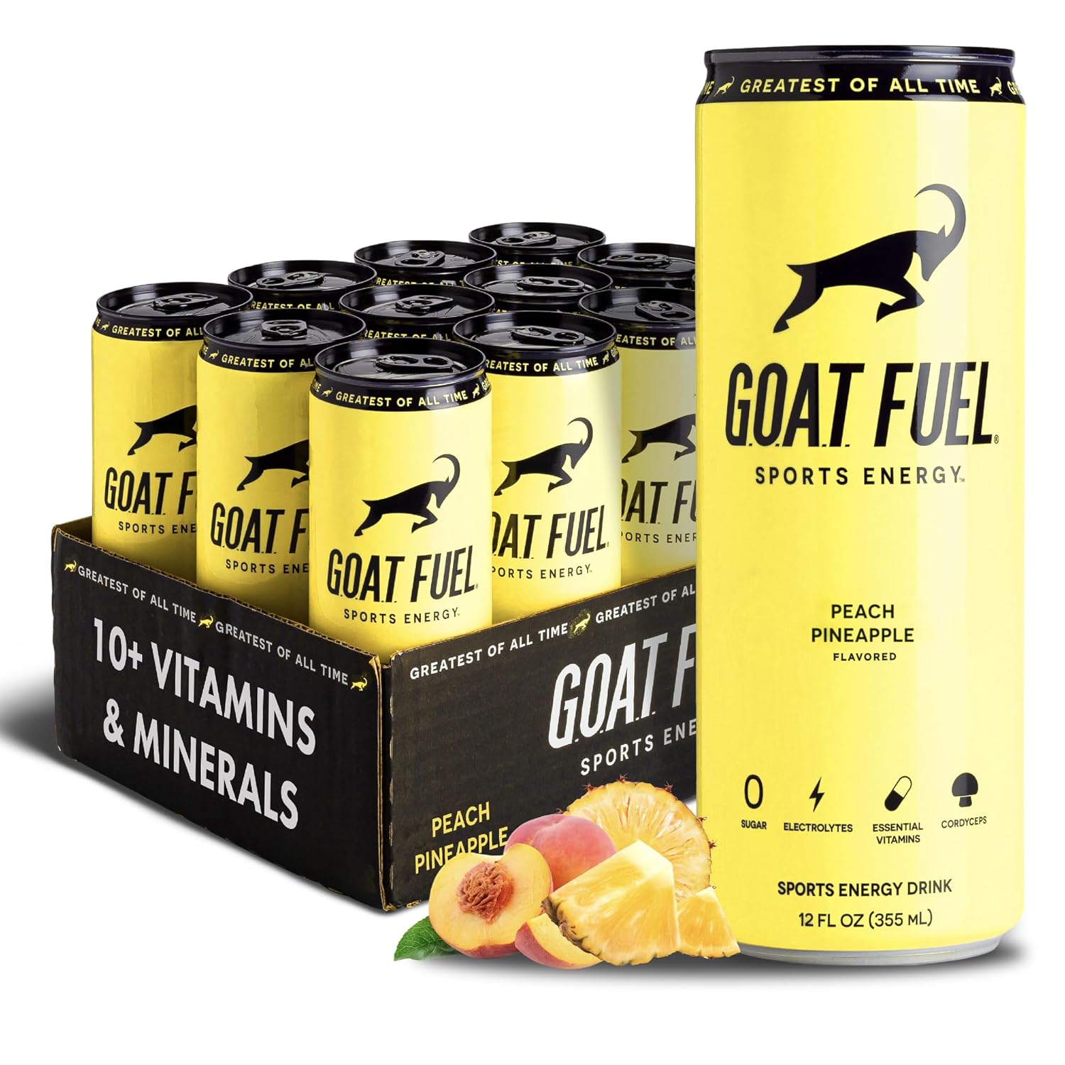 G.O.A.T. Fuel Energy Drink, Co-Founded by Jerry Rice, Natural Caffeine, Electrolytes, BCAAs, Cordyceps Mushrooms & Antioxidants, Light Carbonation Pre Workout, 12 Pack, 12 FL Oz, Peach Pineapple