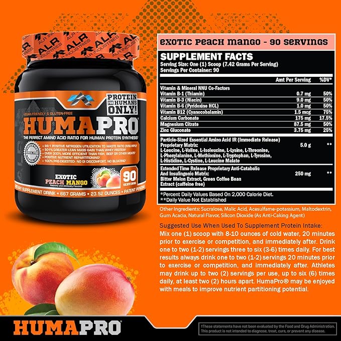 Humapro | Amino Acids Protein Matrix for Humans | 99% Utilization for Lean Muscle | Vegan, Gluten Free | 667g / 90 Servings (Exotic Peach Mango)