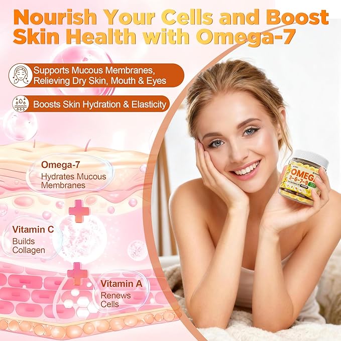 Omega 3-6-7-9 Gummies, Organic Sea Buckthorn Oil 1200MG & Flaxseed Oil 500MG, Vegan Omega 7 Supplement w/Vitamin A, C, E, Fatty Acids, No Fish Taste, Supports Skin, Eye, Immune, Brain Health, 60 Cts