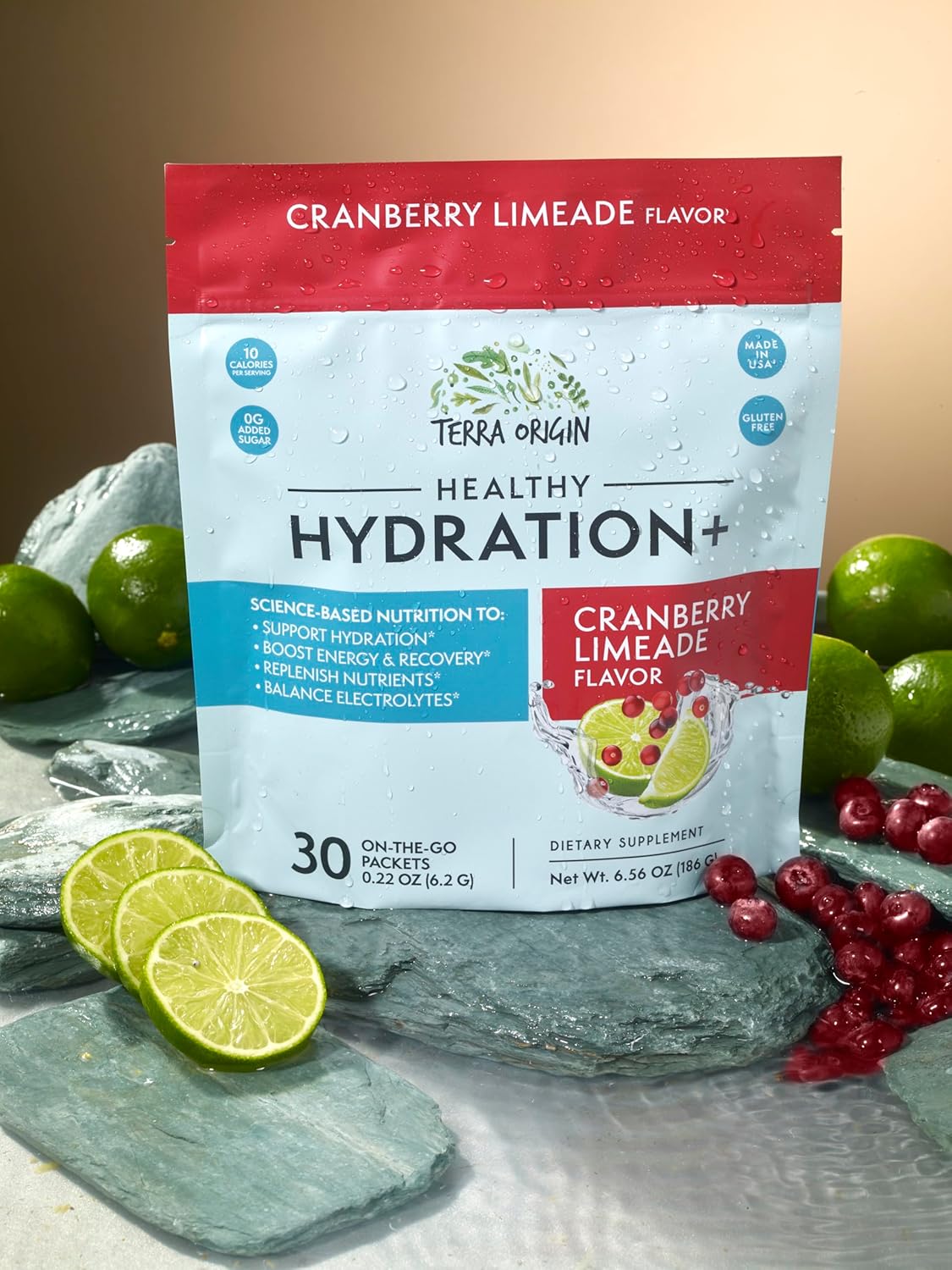 TERRA ORIGIN Healthy Hydration+ Recovery Drink Mix | 30 Stick Packs | Zero Sugar Added, Gluten Free | Cranberry Limeade