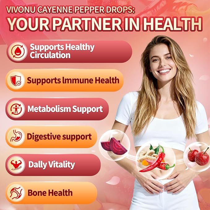 12 IN 1 Cayenne Pepper Drops Supplement, Liposomal Tech 98% Absorption, Supports* Leg Vein, Heart & Blood Vessel* Health, with Vitamin E D3+K2 & Extracts of Grape Seed, Hawthorn, Beetroot, Berberine