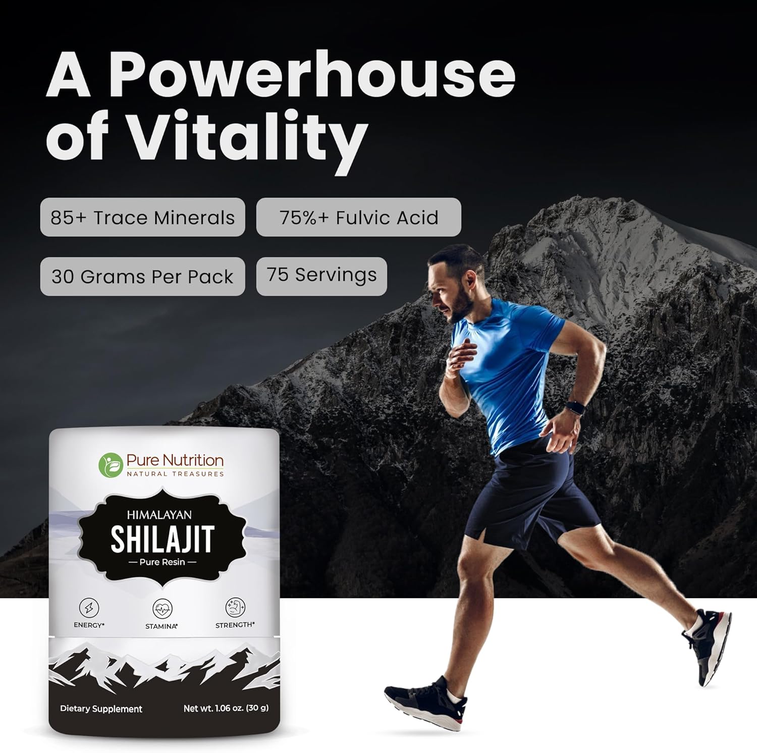 Pure Nutrition Himalayan Shilajit Resin for Men & Women | 60 GMS | 150 Servings | High Potency Pure Himalayan Shilajit Resin with 85+ Trace Minerals, 75%+ Fulvic Acid | 30 Gram X Pack of 2