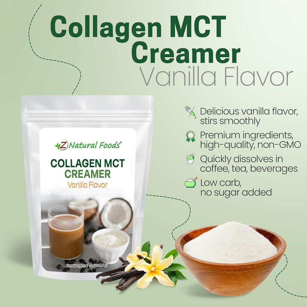 Z Natural Foods Collagen MCT Oil Creamer - Vanilla Flavor - Bulk 7 oz Size For Coffee, Tea, Shakes & Smoothies - Perfect for Cooking or Baking Recipes - Keto & Paleo Friendly Superfood Powder - Non GMO & Gluten Free