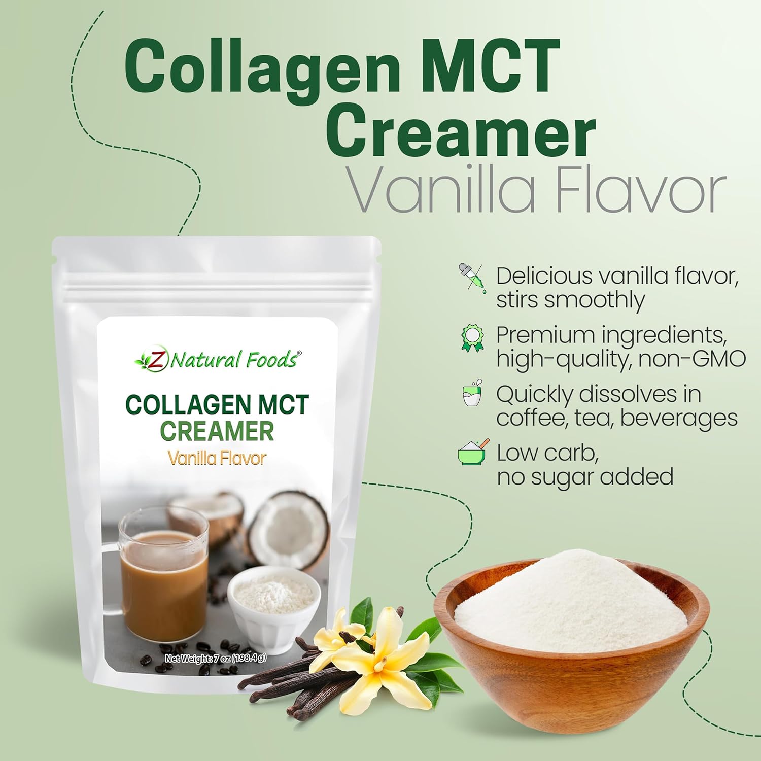 Z Natural Foods Collagen MCT Oil Creamer - Vanilla Flavor - Bulk 7 oz Size For Coffee, Tea, Shakes & Smoothies - Perfect for Cooking or Baking Recipes - Keto & Paleo Friendly Superfood Powder - Non GMO & Gluten Free