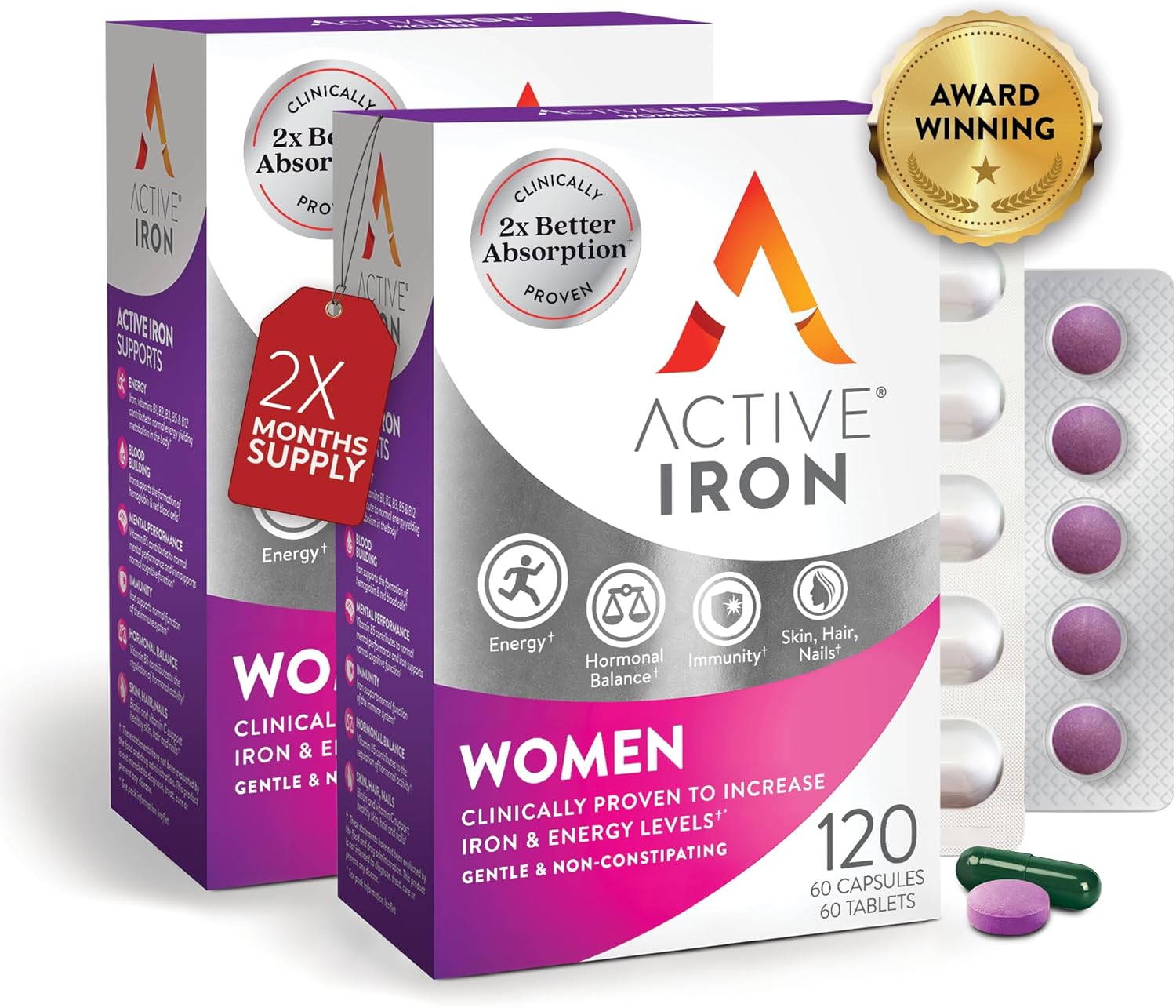 Iron Supplement 25mg + Multivitamin for Women – Clinically Proven to Increase Energy & Reduce Tiredness – Gentle, Non-Constipating Iron + Women’s Multivitamin – 60 Capsules + 60 Tablets