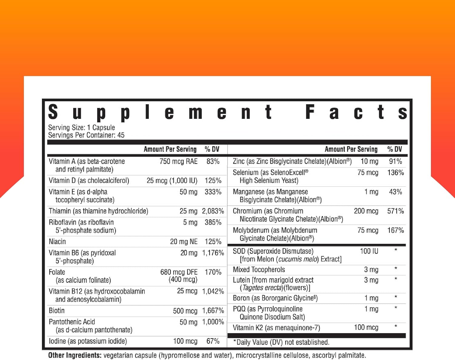 Seeking Health Multivitamin One MF, 1 a Day Multivitamin Supplement for Adults, Methyl-Free Bioavailable B12 and Folinic Acid, Vitamin A, PQQ, MTHFR Support, Vegetarian Capsules (45 Capsules)