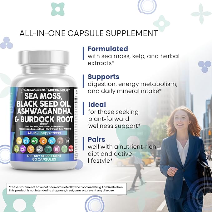 Clean Nutraceuticals Sea Moss Black Seed Oil Ashwagandha Turmeric Bladderwrack Burdock & Vitamin C Vitamin D3 with Elderberry Manuka Dandelion Yellow Dock Iodine Chlorophyll ACV - 2Pack